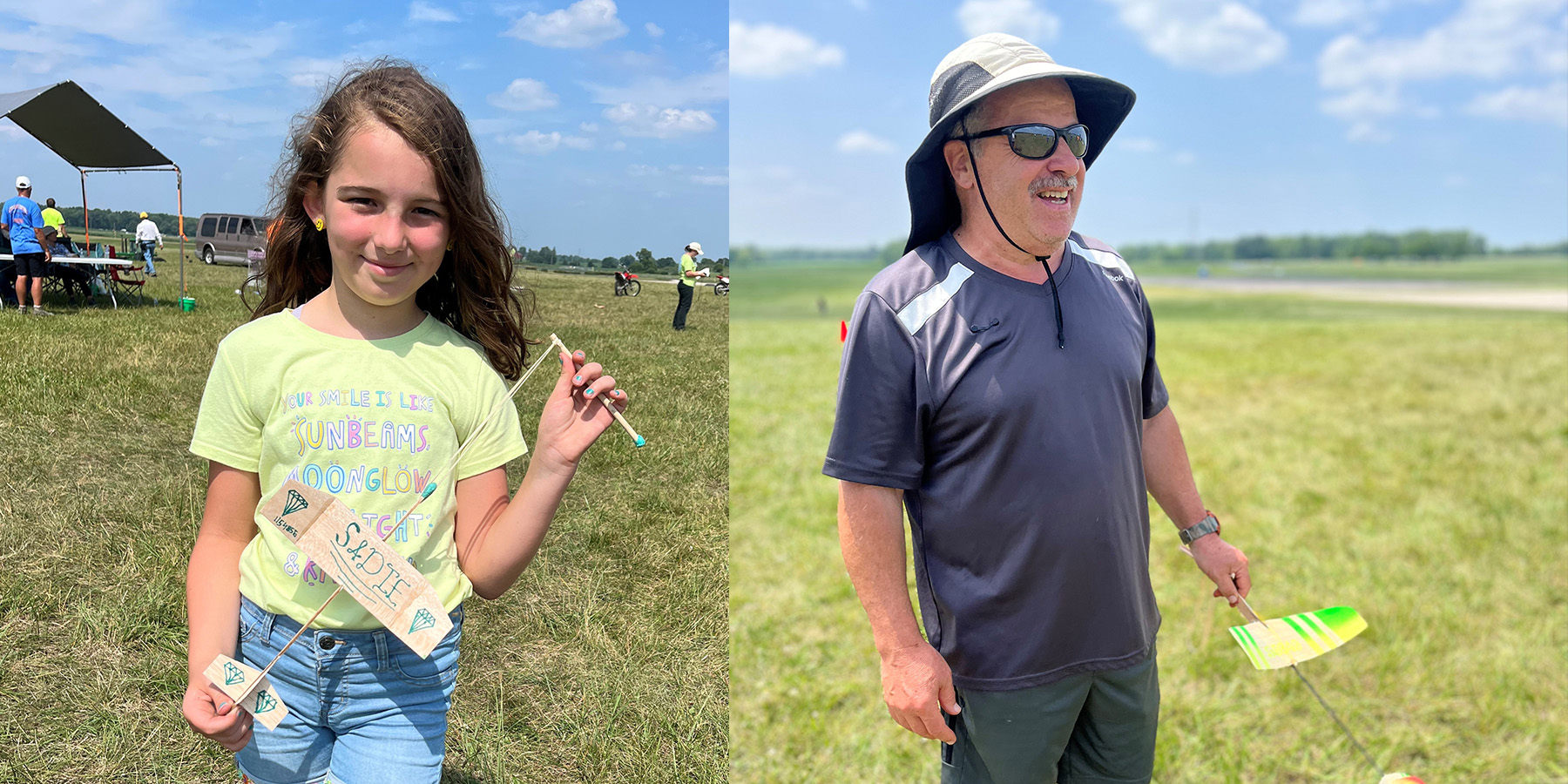 Sadie Menanno and her pretty catapult glider. New Free Flight Hall of Fame inductee Bruce Kimball and his catapult glider.