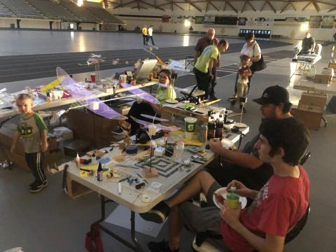 A sublime Friday evening at Camp Finn: balsa free flying things ... and pizza!